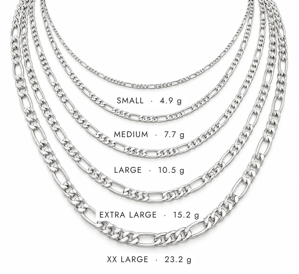 Initial Necklace for Him chain sizes: Small 4.9 g, Medium 7.7 g, Large 10.5 g, Extra Large 15.2 g, XX Large 23.2 g
